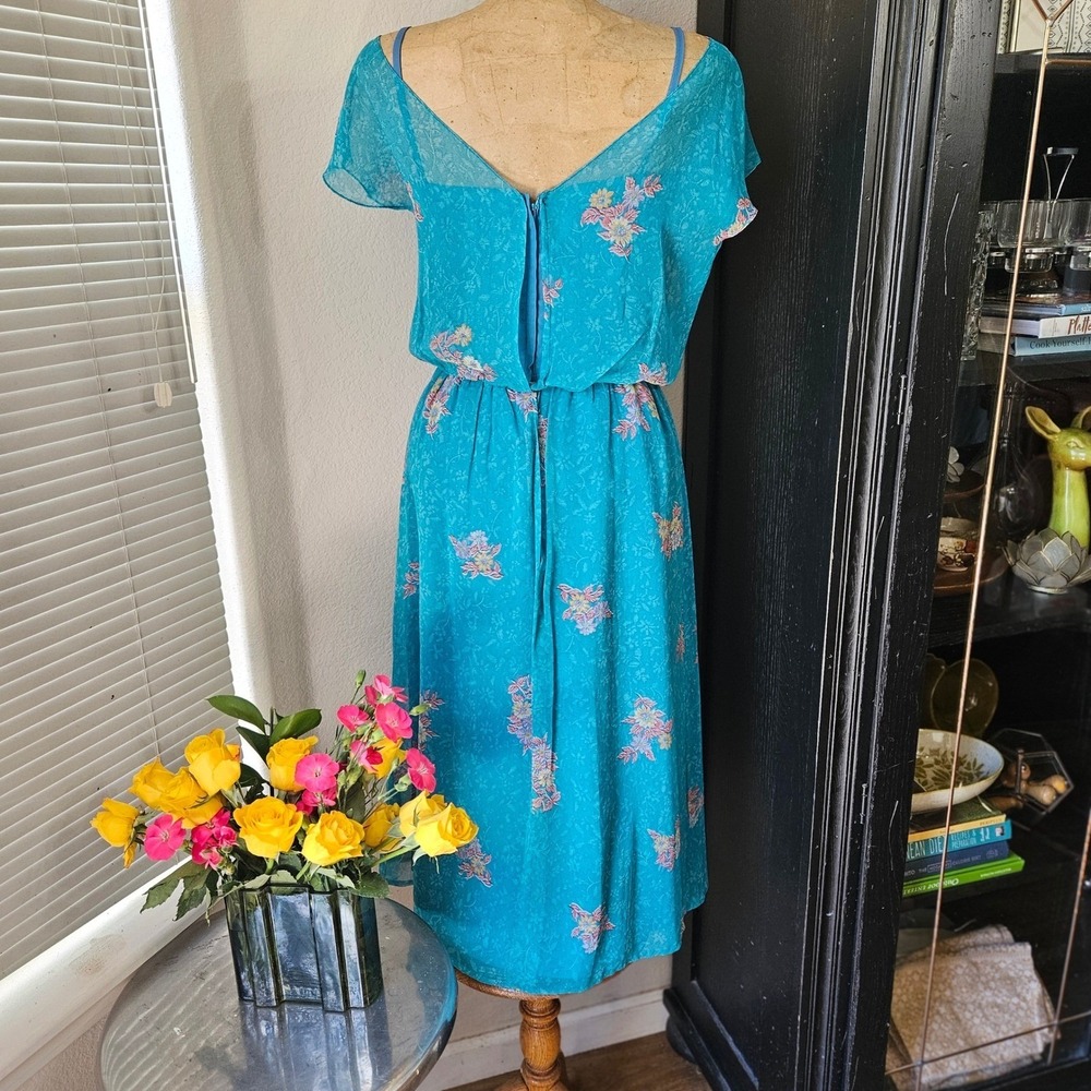 Vintage 70s Floral Midi Dress ILGWU Union Made Sheer Overlay Blue S/M - Picture 5 of 8